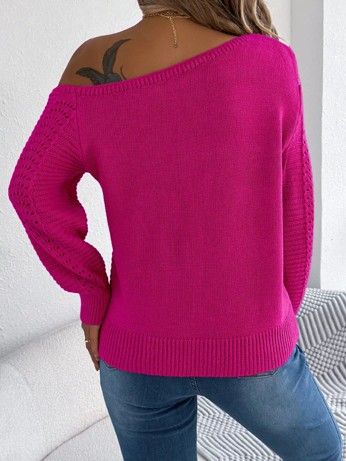 Openwork one-shoulder long-sleeve knit sweater in magenta by Trendsi