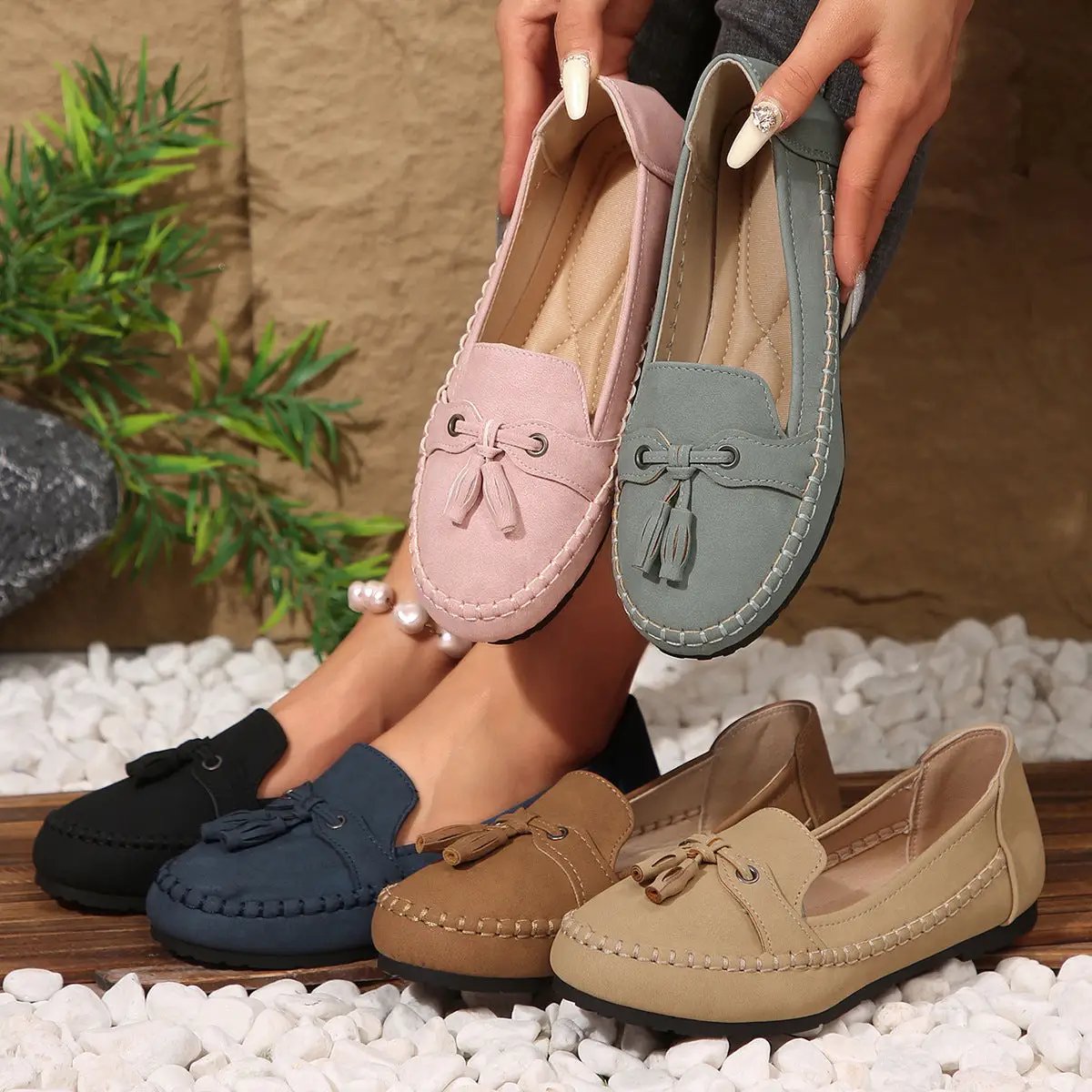Women's round-head loafers; set of 6 in pink, blue, black, navy, tan, and beige with tassel accents