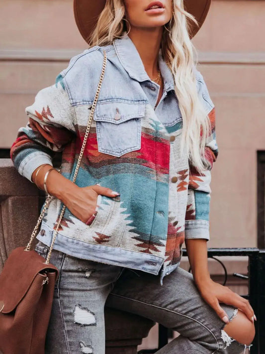 Geometric print denim jacket with button front and chest pockets, multicolor pattern, Trendsi