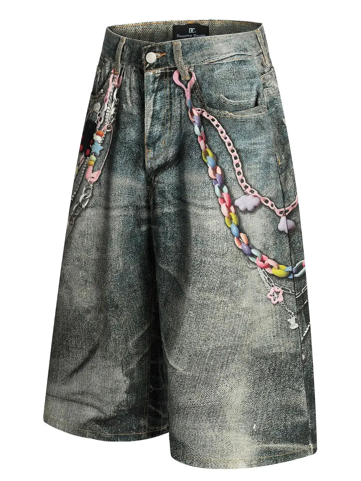 Men's wide-leg denim shorts with colorful chain detail, blue-washed cotton-spandex, relaxed fit