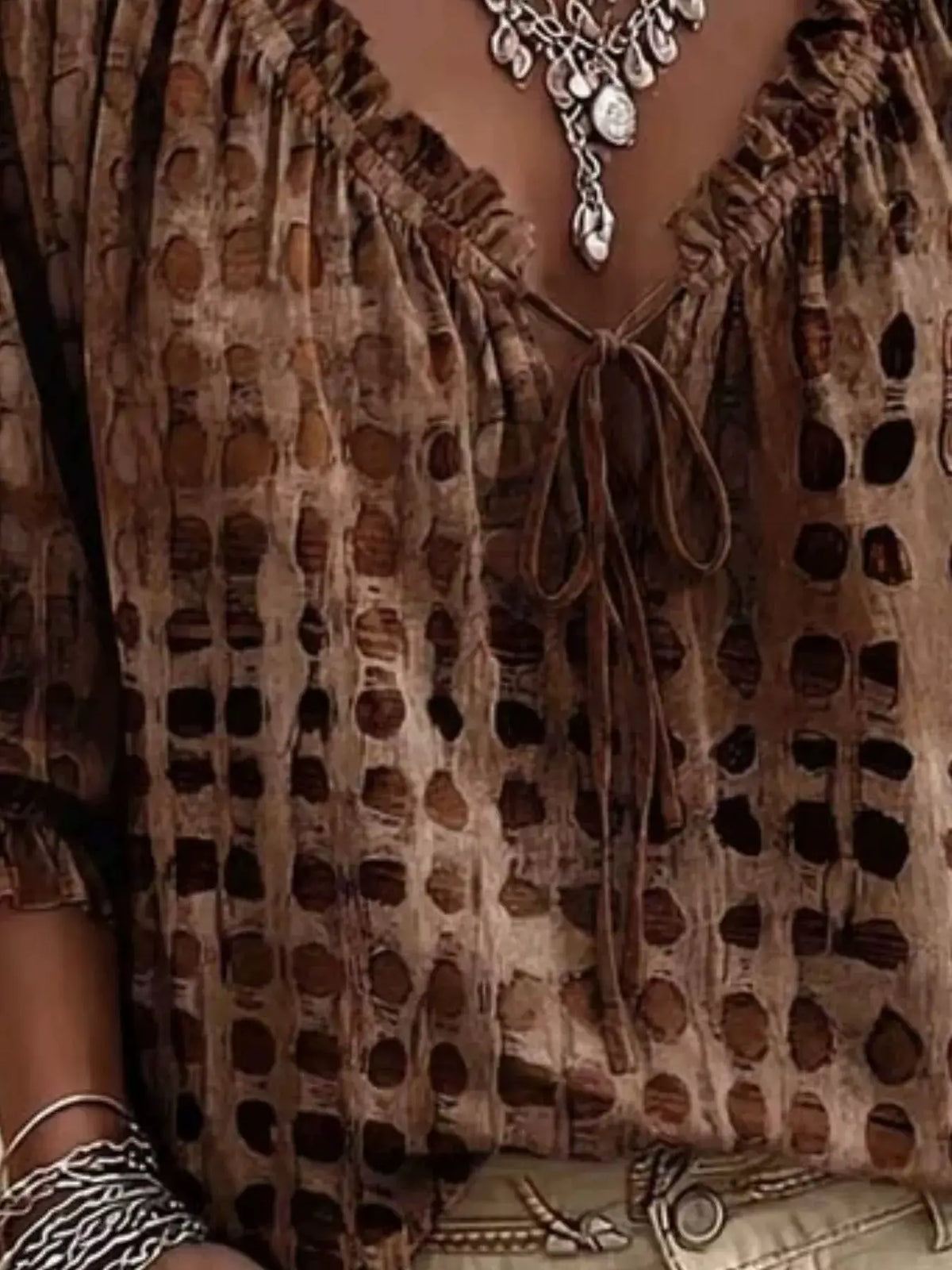 Trendsi plus-size tie-neck blouse with 3/4 sleeves in brown circular print
