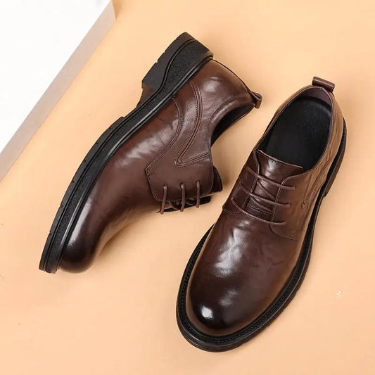 Leather shoes for men, brown genuine leather with thick black soles; formal casual style, 2 shoes shown.