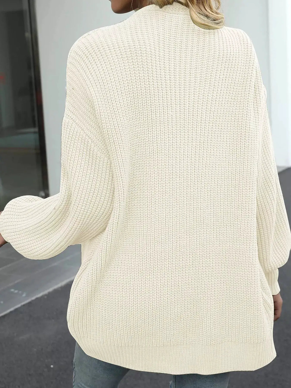 Oversized chunky knit cardigan, cream color, open front with stretch fabric