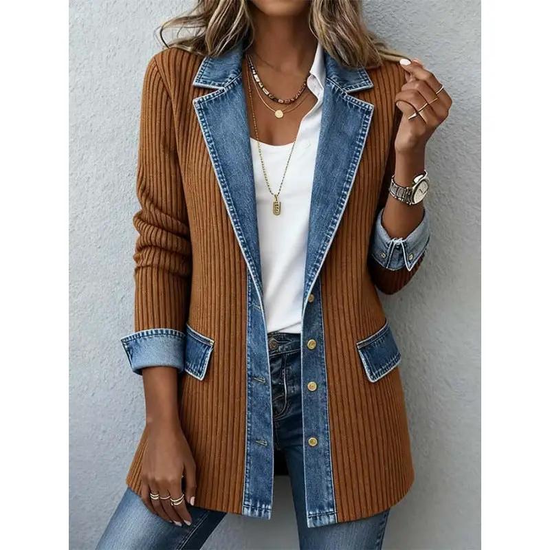 Women's patchwork denim jacket AdTec; brown ribbed body with blue denim lapels, cuffs and pockets.