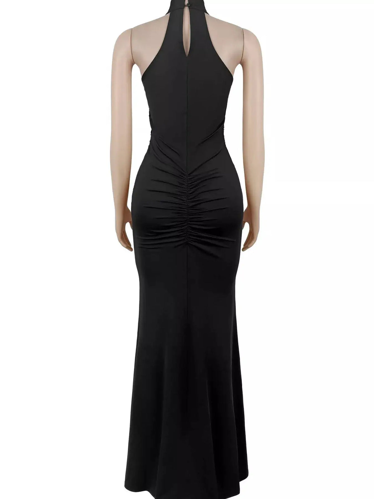 Sequin High Slit Sleeveless Maxi Dress, black halter-neck with back keyhole and ruched center seam