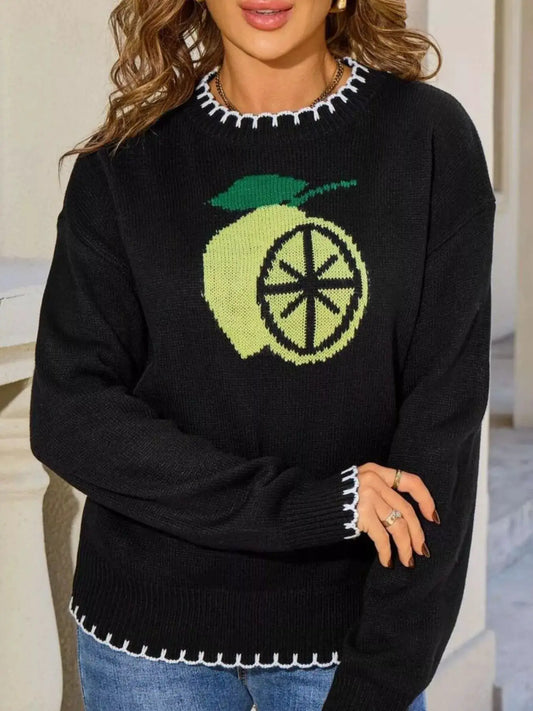 Warm Lemon Round Neck Sweater by Trendsi, black knit with yellow lemon graphic and white fringe trim