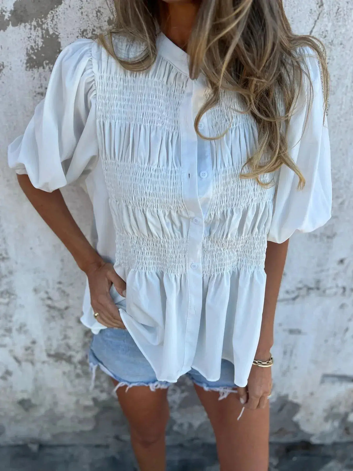 Full Size Smocked Puff Sleeve Blouse, light blue, front button placket, plus size, Trendsi
