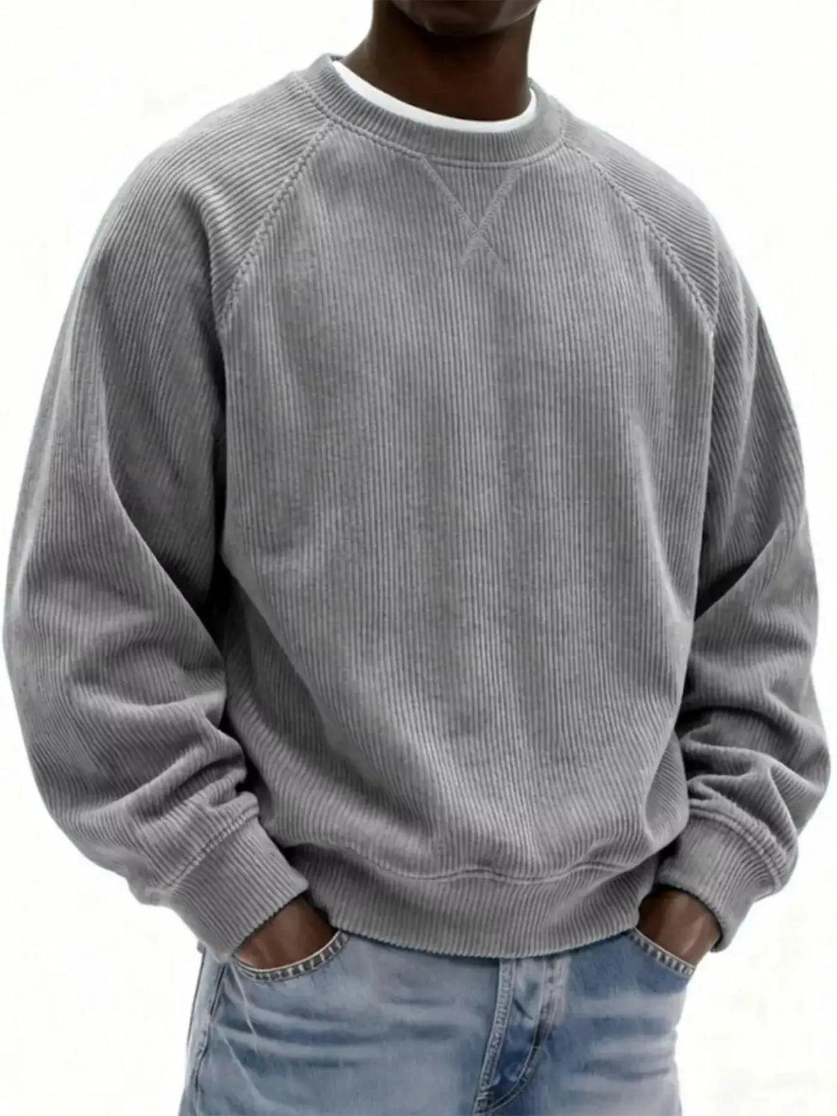 Mens plus-size corduroy crew-neck sweatshirt, gray stretch cotton by Trendsi