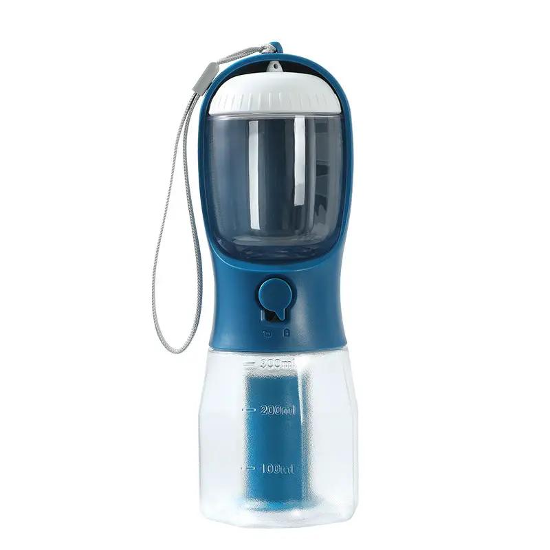 Blue plastic three-in-one portable dog water cup with strap and integrated reservoir