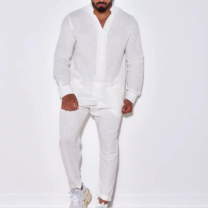 Men's Summer Linen Two-Piece Outfit with Pants in white linen fabric