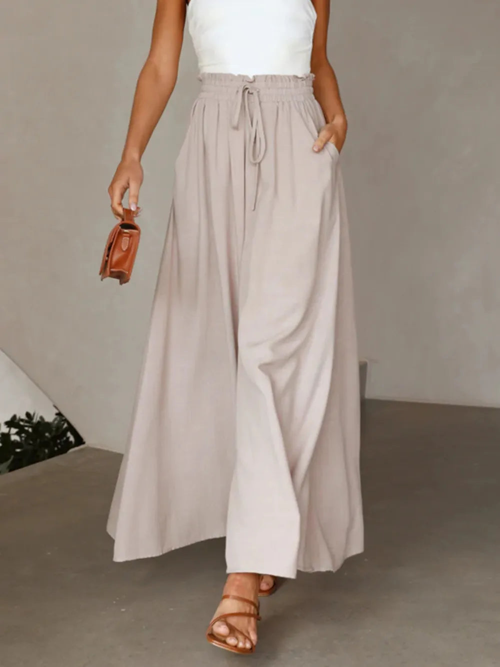 High Waist Wide Leg Palazzo Pants by Trendsi in beige with pockets and drawstring waist