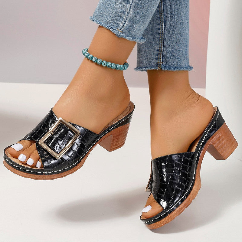 Sandalias con hebilla y textura de cocodrilo, tacón cuadrado grueso, chanclas abiertas, zapatos de mujer