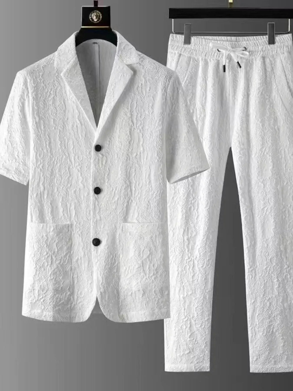 Mens plus-size button-up shirt with elastic waist pants set by Trendsi, white textured fabric