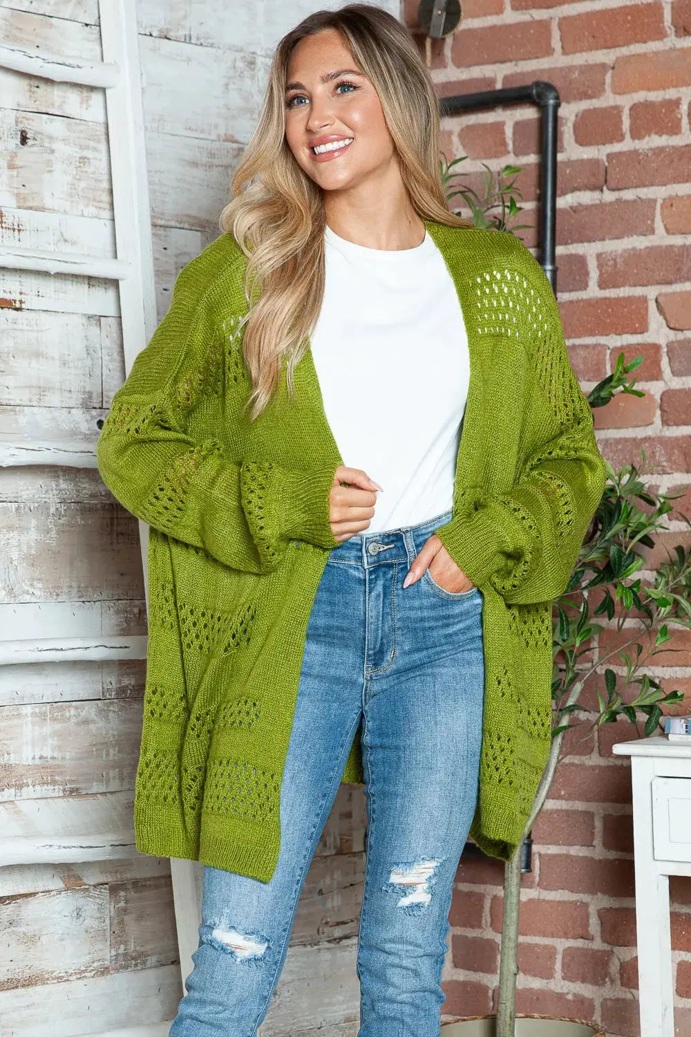 Openwork open-front long-sleeve cardigan in lime green acrylic