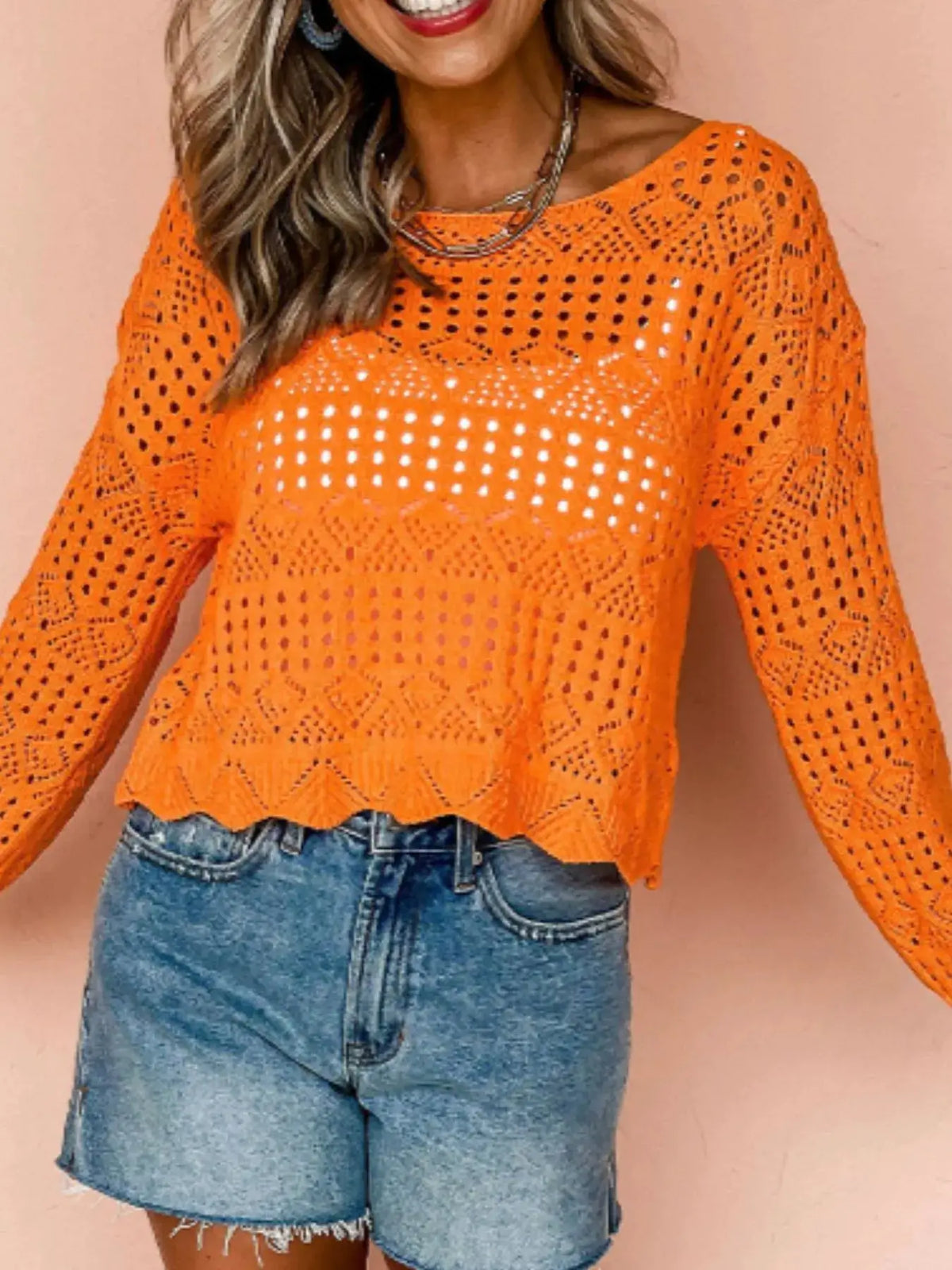 Openwork crochet boat-neck knit cover-up in orange, lightweight beachwear by Trendsi