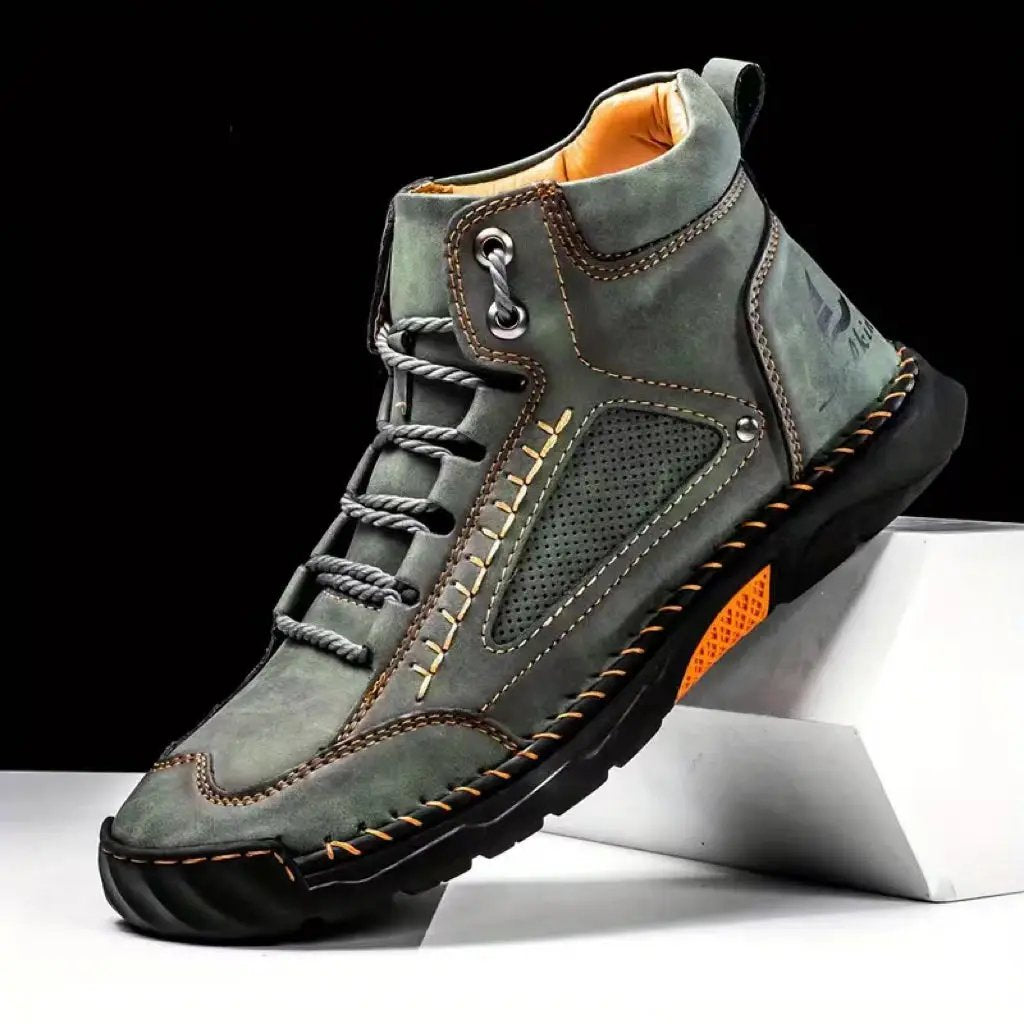 Aveline Handcrafted Ankle Boots by AdTec; gray-green suede with orange stitching and rugged rubber sole