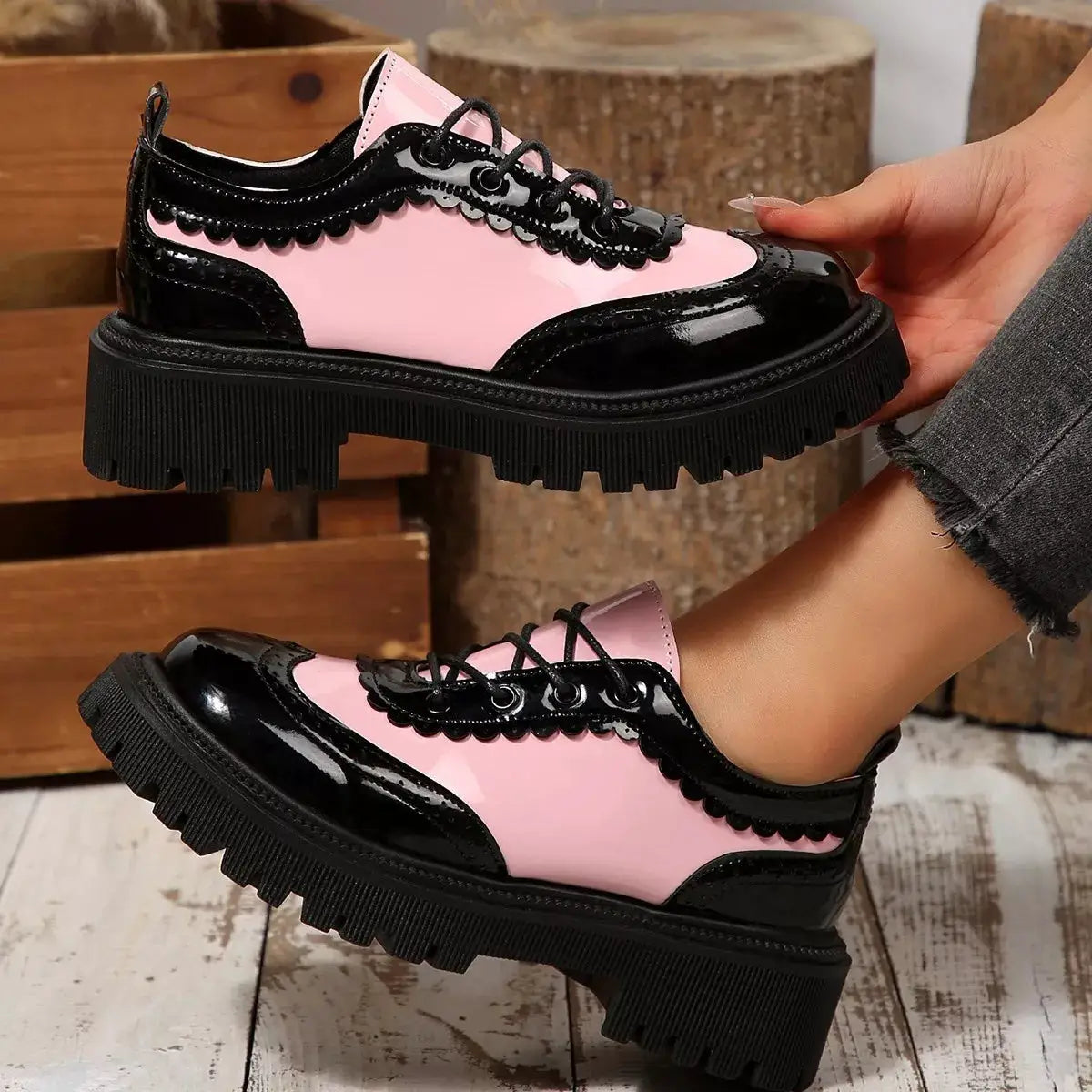 Round Toe Lace Up Sneakers by Trendsi, pink and black patent leather with scalloped trim and chunky platform sole