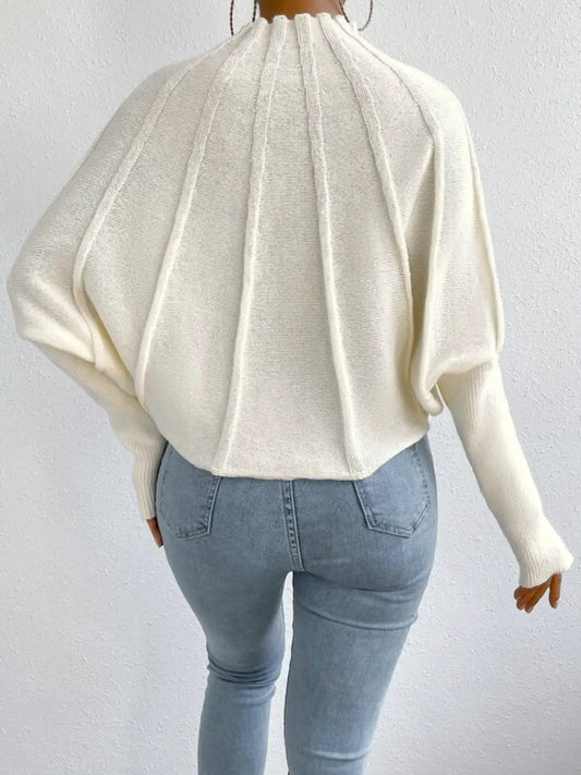 Soft ribbed mock-neck long-sleeve sweater in cream by Trendsi