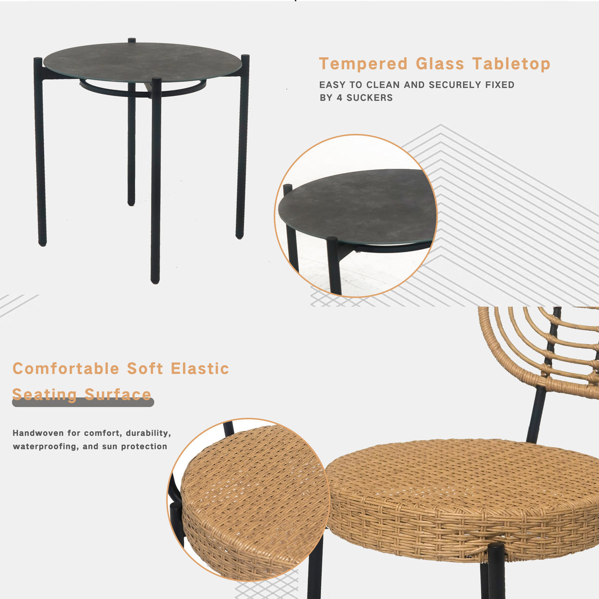 3-Piece outdoor wicker furniture set with black metal frame and tempered glass tabletop
