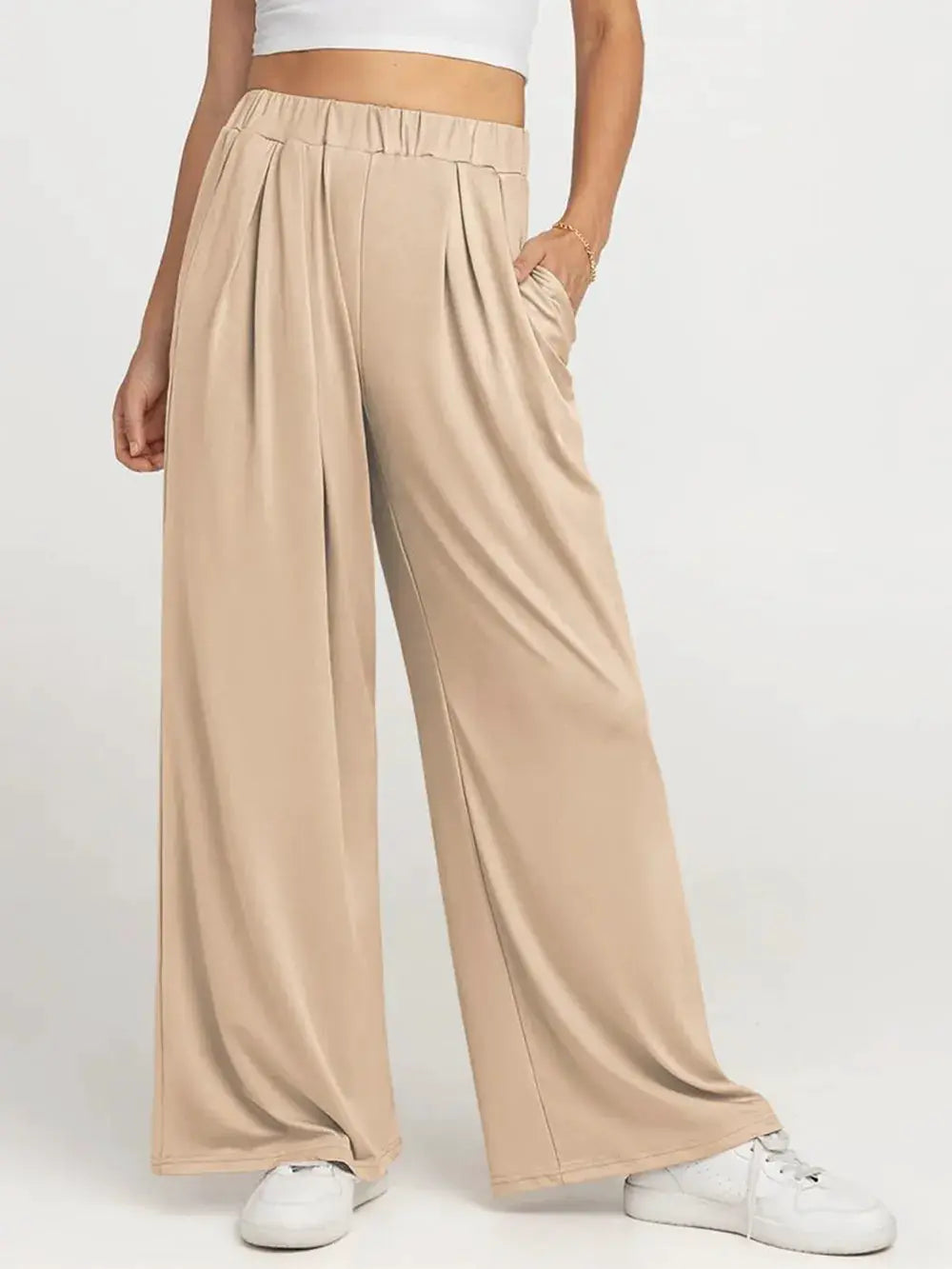 Elastic Waist Wide Leg Palazzo Pants by Trendsi in beige, satin-like fabric.