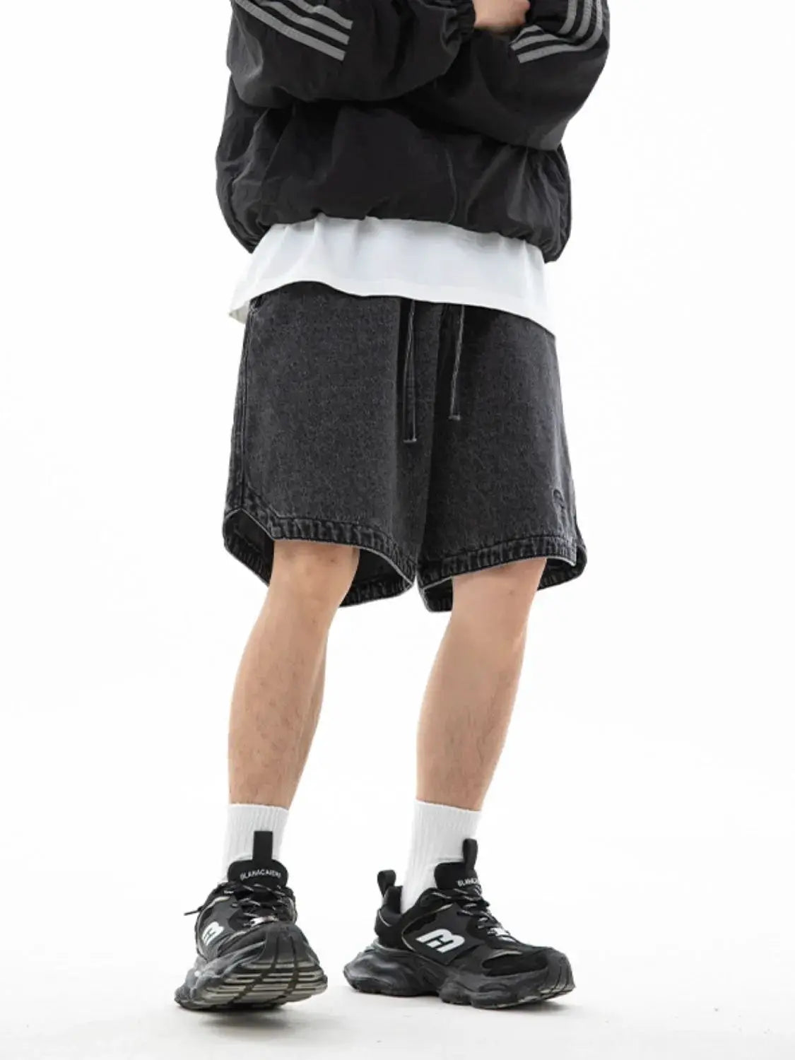 Men's plus-size drawstring denim shorts in black wash with relaxed fit