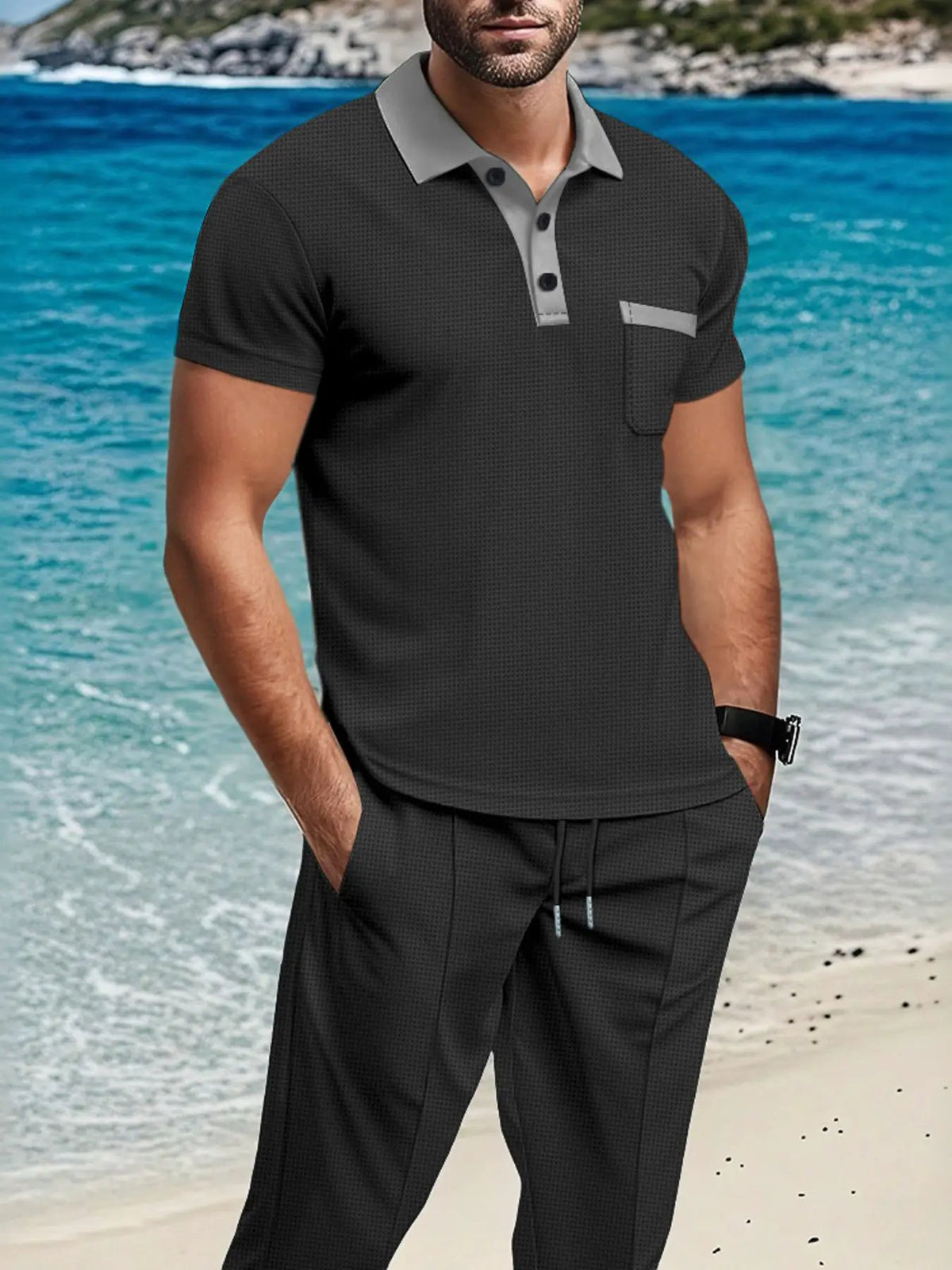 Men's matching polo and pants set, plus size, charcoal polo with gray collar and pocket trim by Trendsi