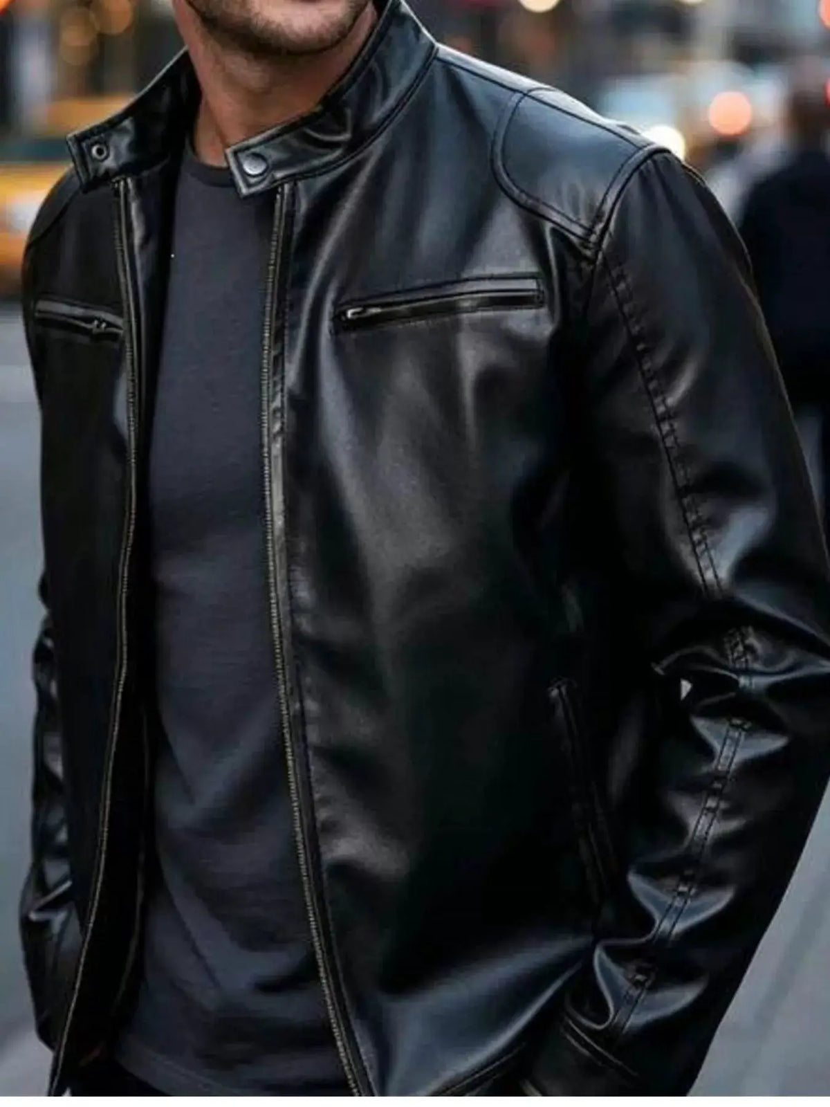 Men's plus-size faux leather bomber jacket with zip pockets in black by Trendsi
