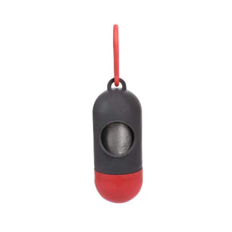 AdTec dog poop bag dispenser in gray with red cap and hanging loop