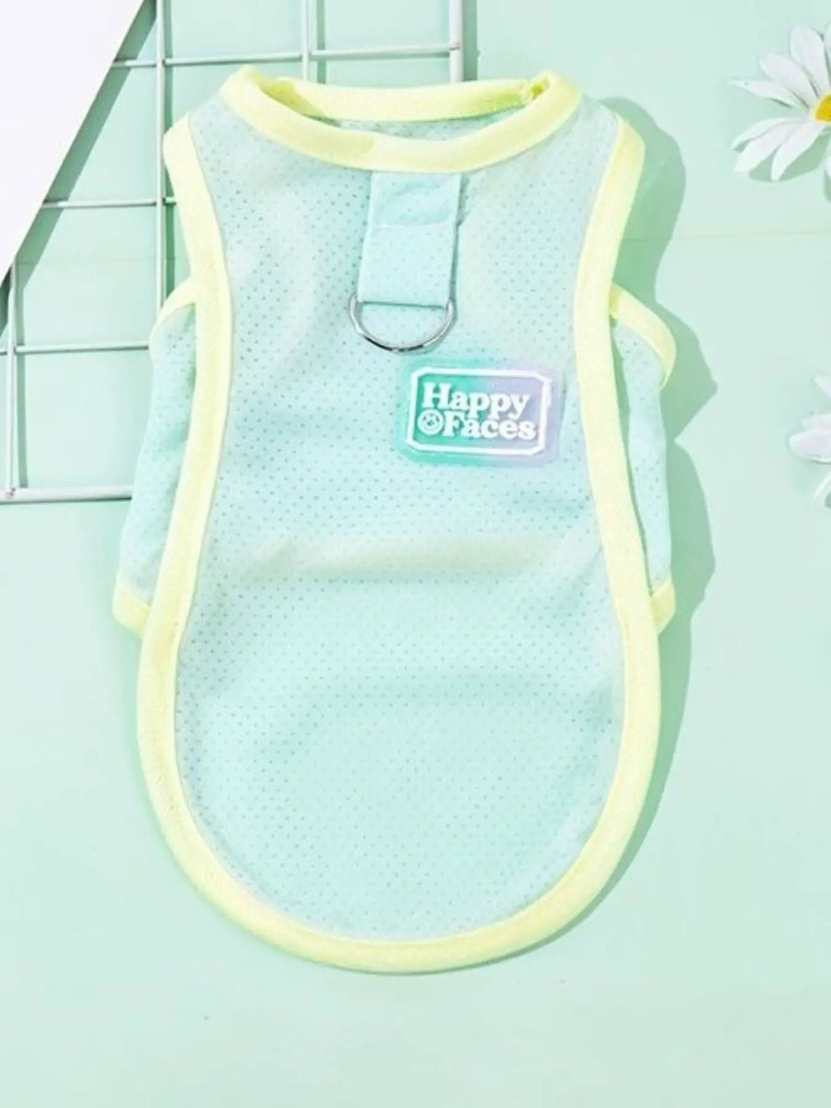 Lightweight Pet Top by Trendsi, light blue mesh with yellow trim and Happy Faces patch