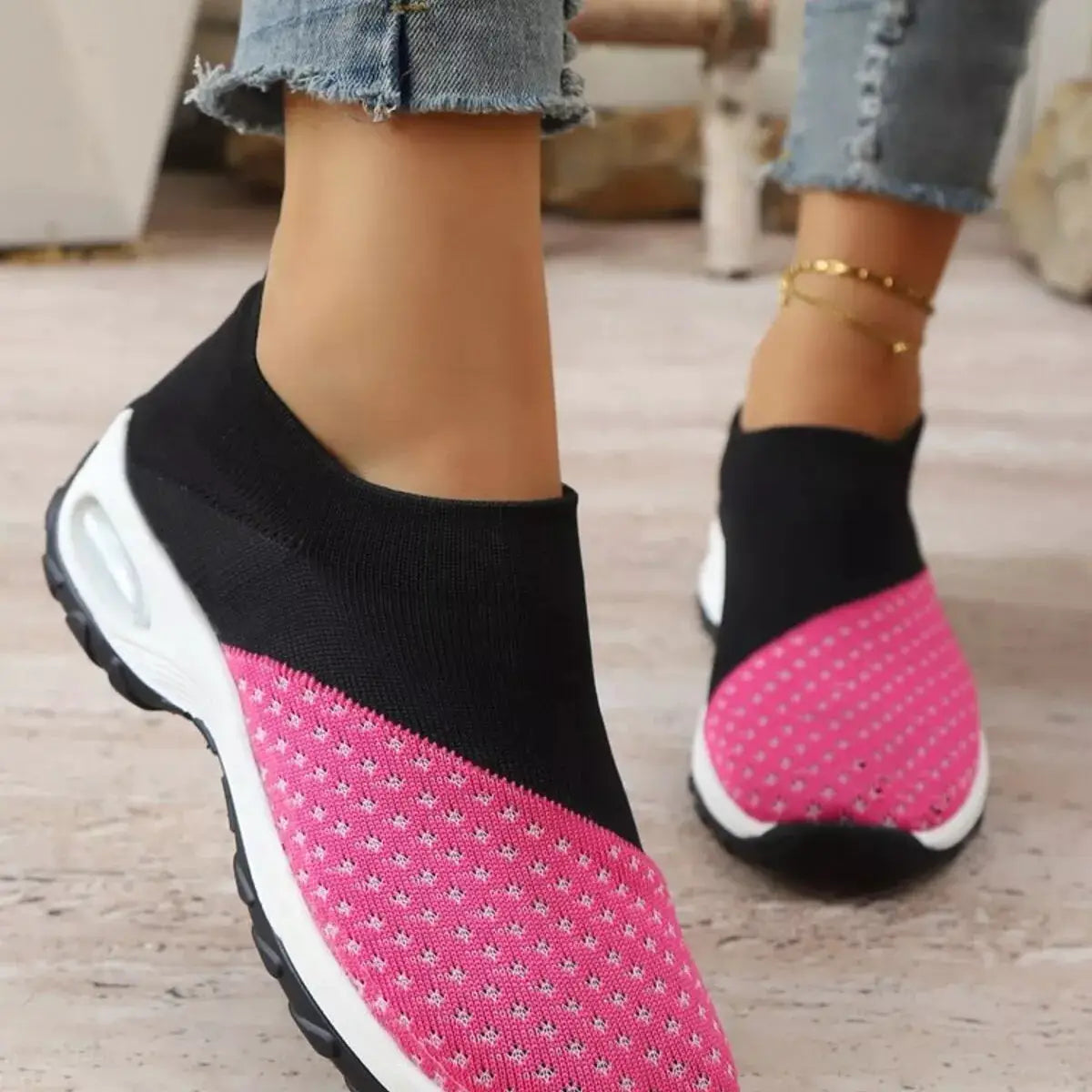 Pair of Color Block Mesh Athletic Shoes with pink dotted mesh upper and black sock collar by Trendsi