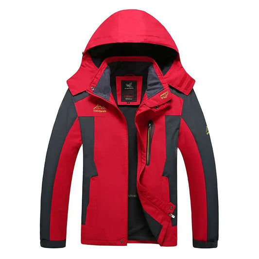 AdTec outdoor jacket with red and dark gray panels, hooded, waterproof and windproof.
