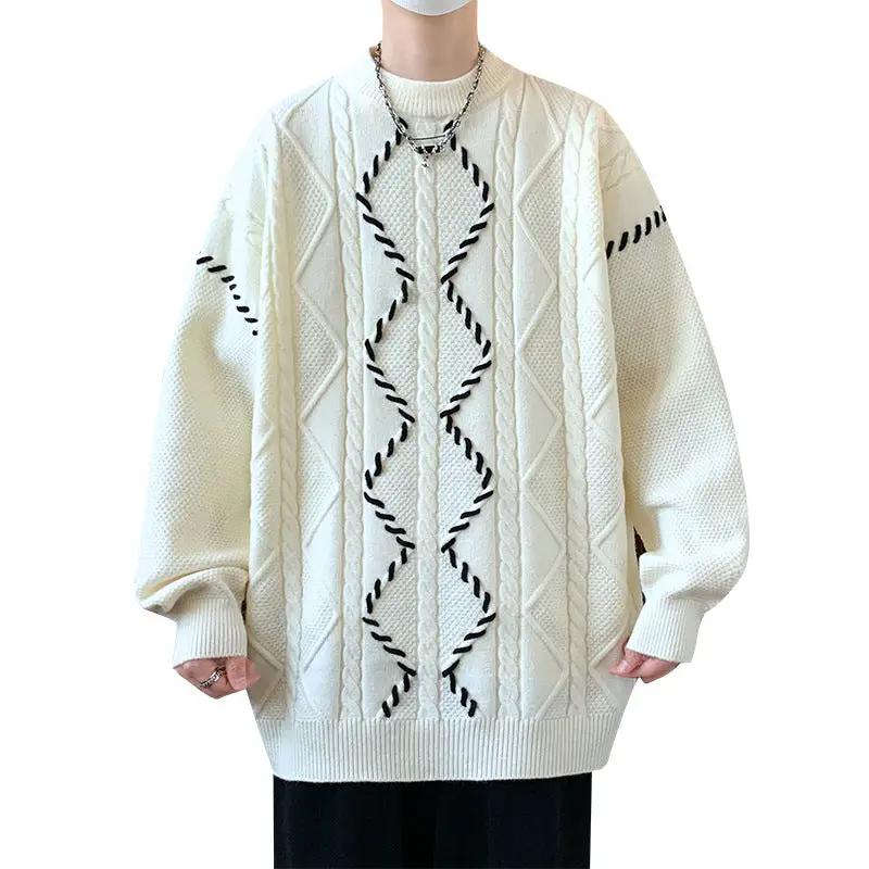 Mens Premium Cotton Blend Crewneck Sweater in white with black diamond cable-knit pattern, modern fit