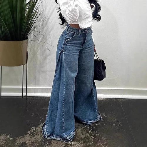 Loose Wide Leg Jeans Stitching Bell-bottom Pants Tassel Trousers by JeansDenim.Store
