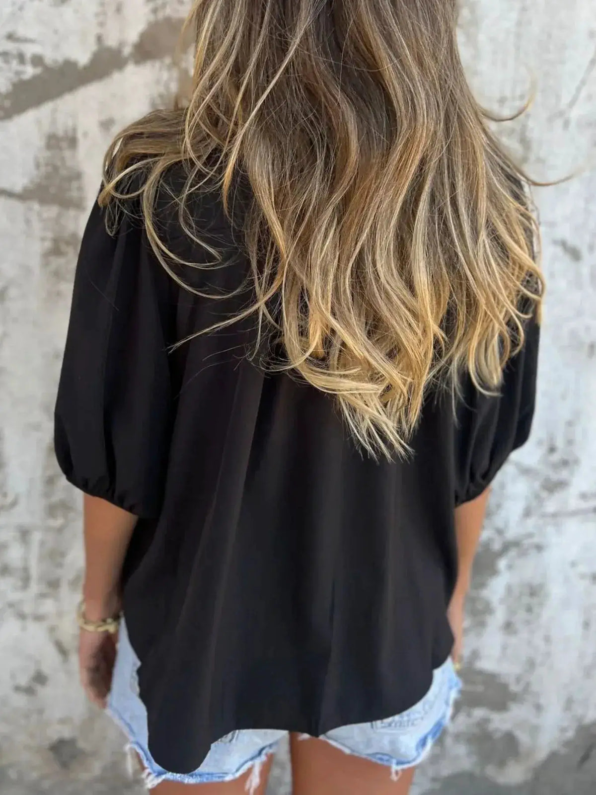 Full-size smocked puff-sleeve blouse, black plus-size top