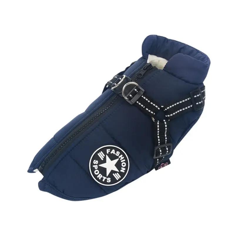 Dog winter jacket navy blue with harness straps and buckles, padded quilted coat