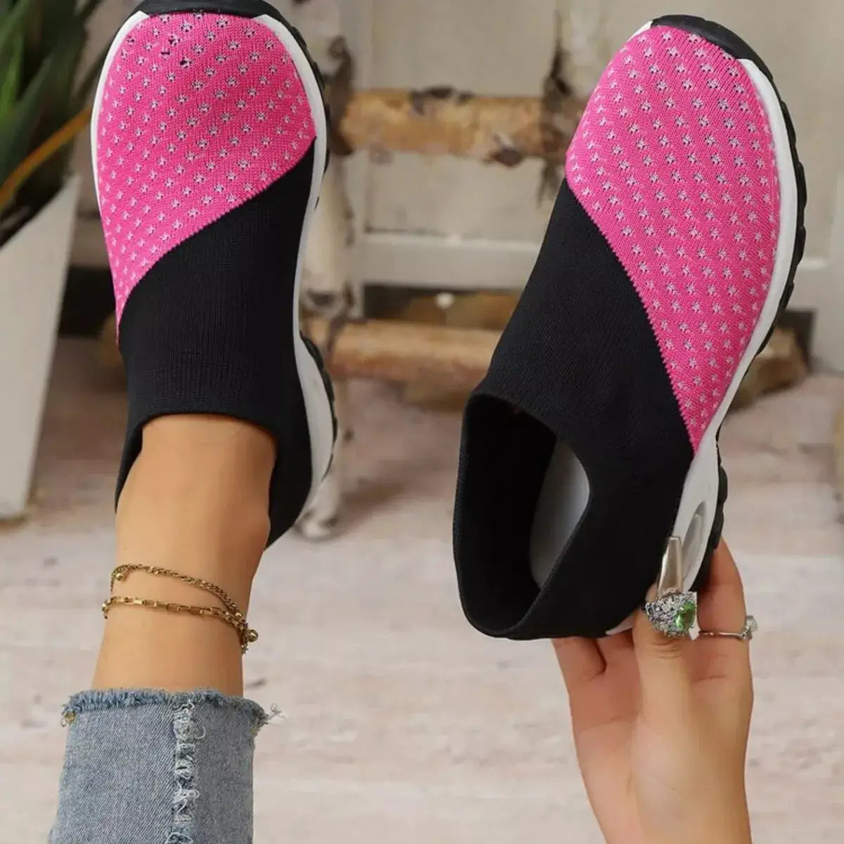Color Block Mesh Athletic Shoes by Trendsi — pink mesh slip-on with black sock-style panels and white sole.