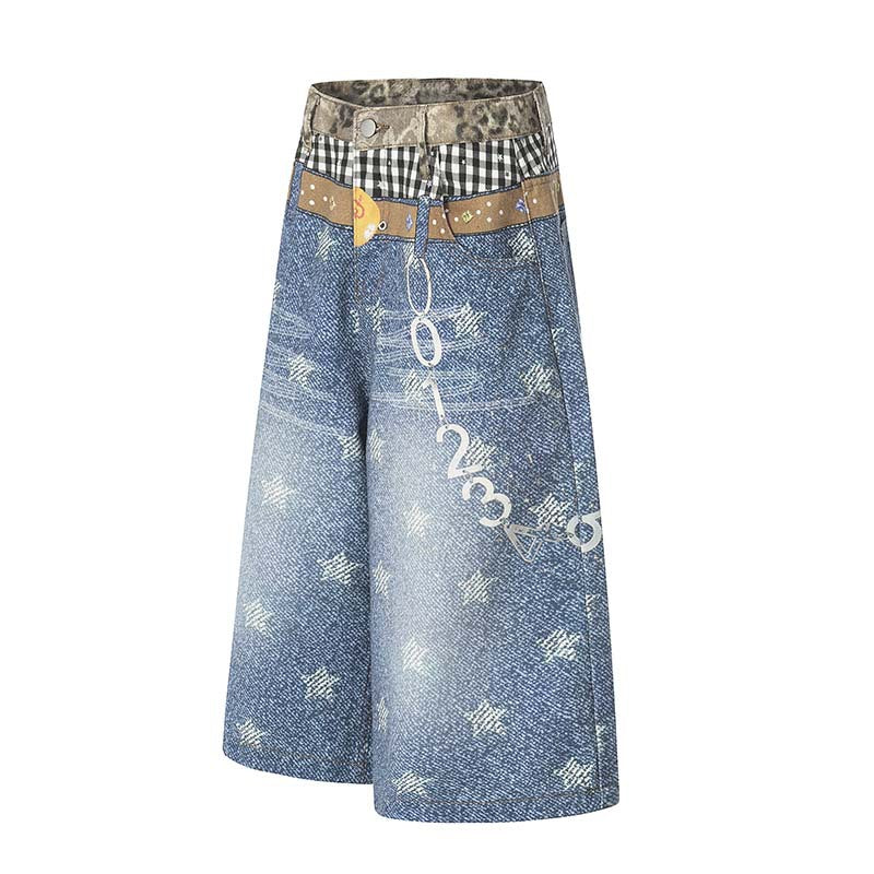 Star 3D digital printed washed denim cropped pants in blue with star pattern