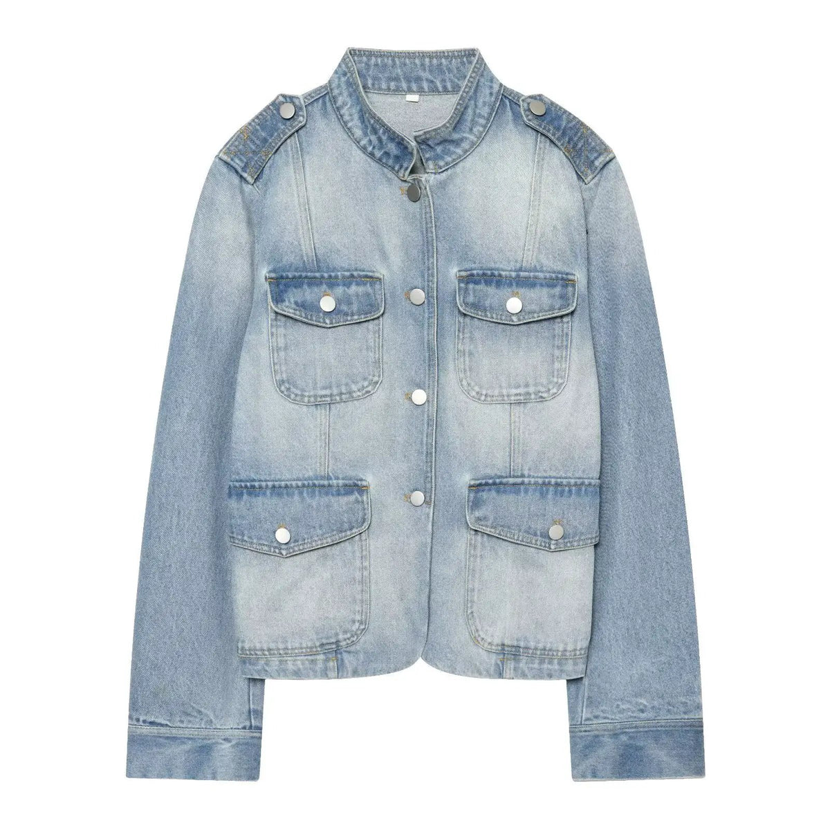 Women stand-collar blue denim jacket with button-up front and front pockets