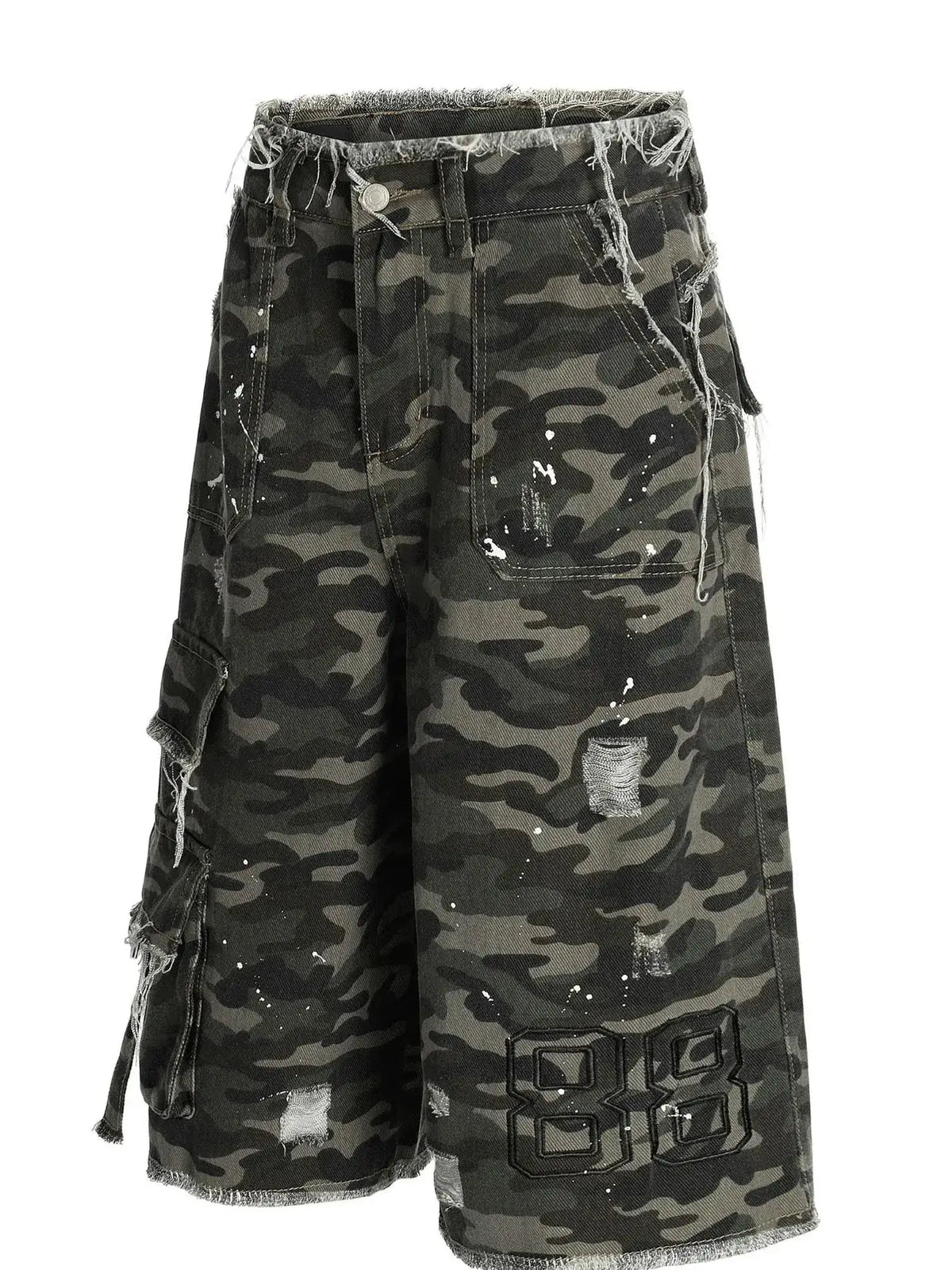 Men's distressed faded camo cargo stretch denim shorts with frayed hems