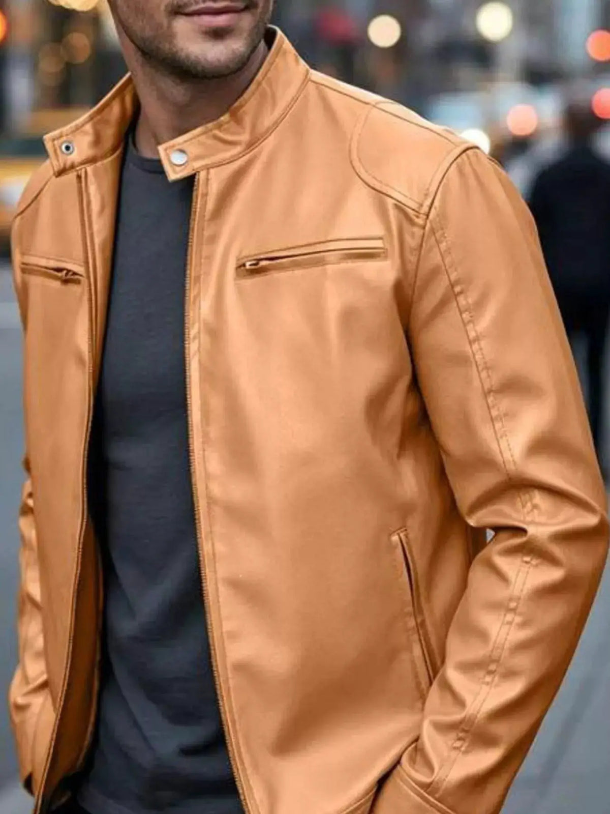 Men's tan faux leather bomber jacket with zip pockets, plus-size