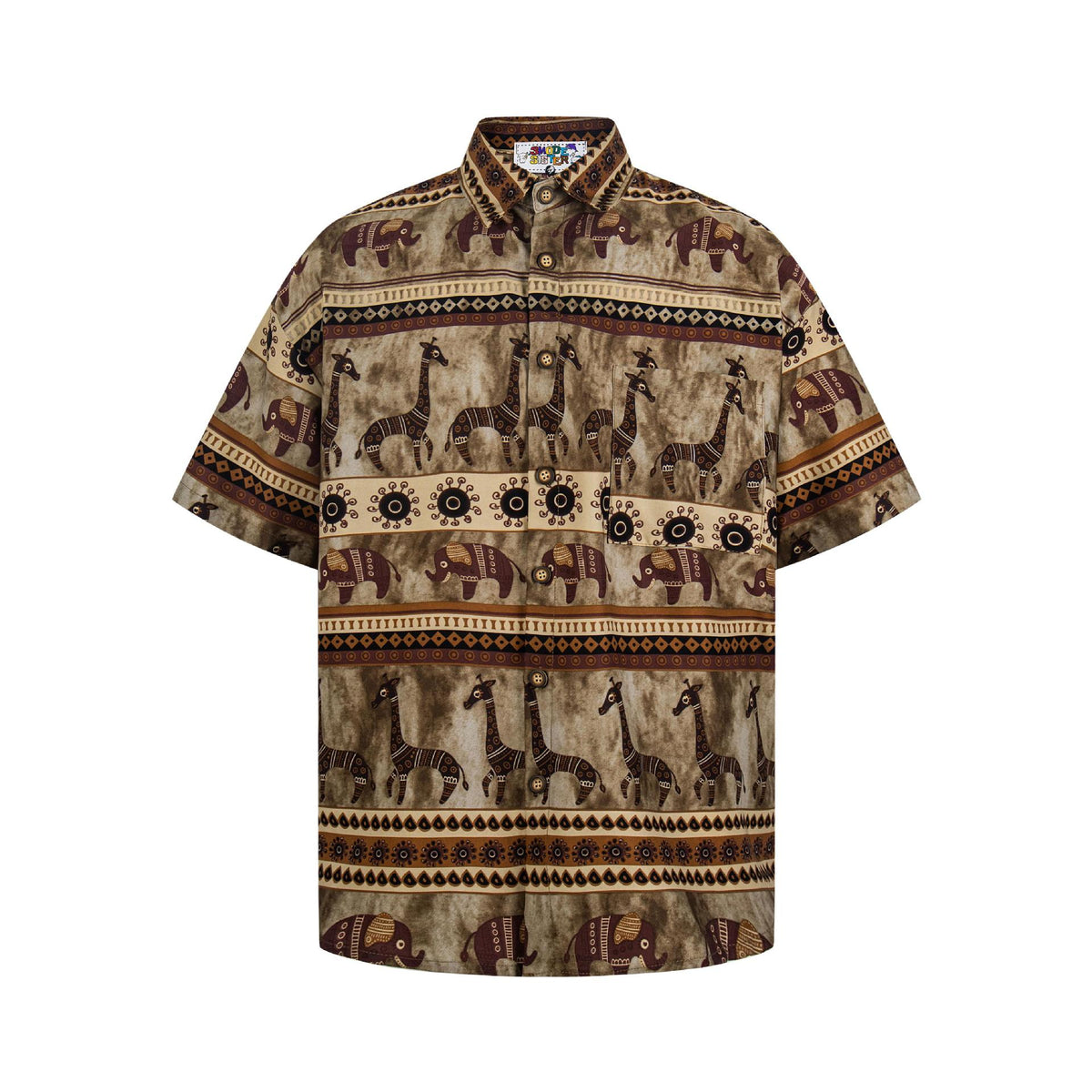 Elephant-printed short-sleeve shirt in brown and beige with a button front.