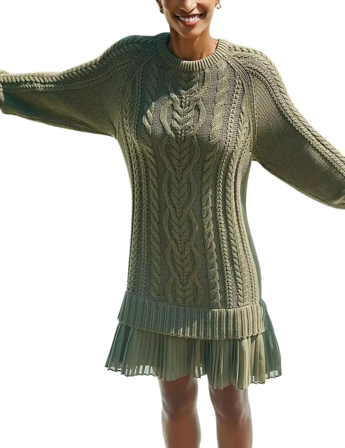 Women cable knit sweater and pleated skirt set in olive green; oversized sleeves, ribbed hem.