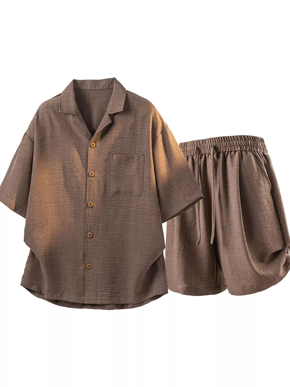 Men's plus-size 2-piece brown button-up short-sleeve shirt and drawstring shorts set