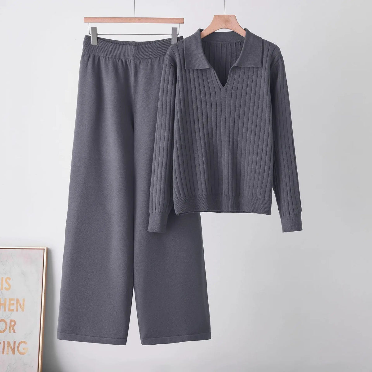 Matching two-piece polo-neck knit sweater and pants set for women in dark gray, soft knit fabric by eprolo