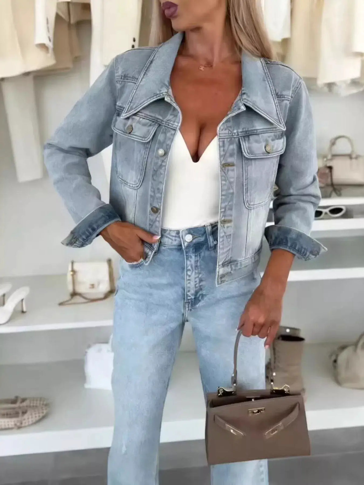 Plus Size Cropped Denim Jacket, light blue cotton blend, chic slim fit