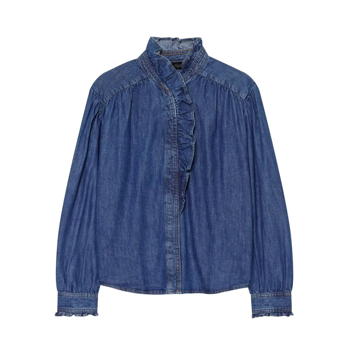 Casual blue denim shirt with a ruffle-edged front placket and puff sleeves