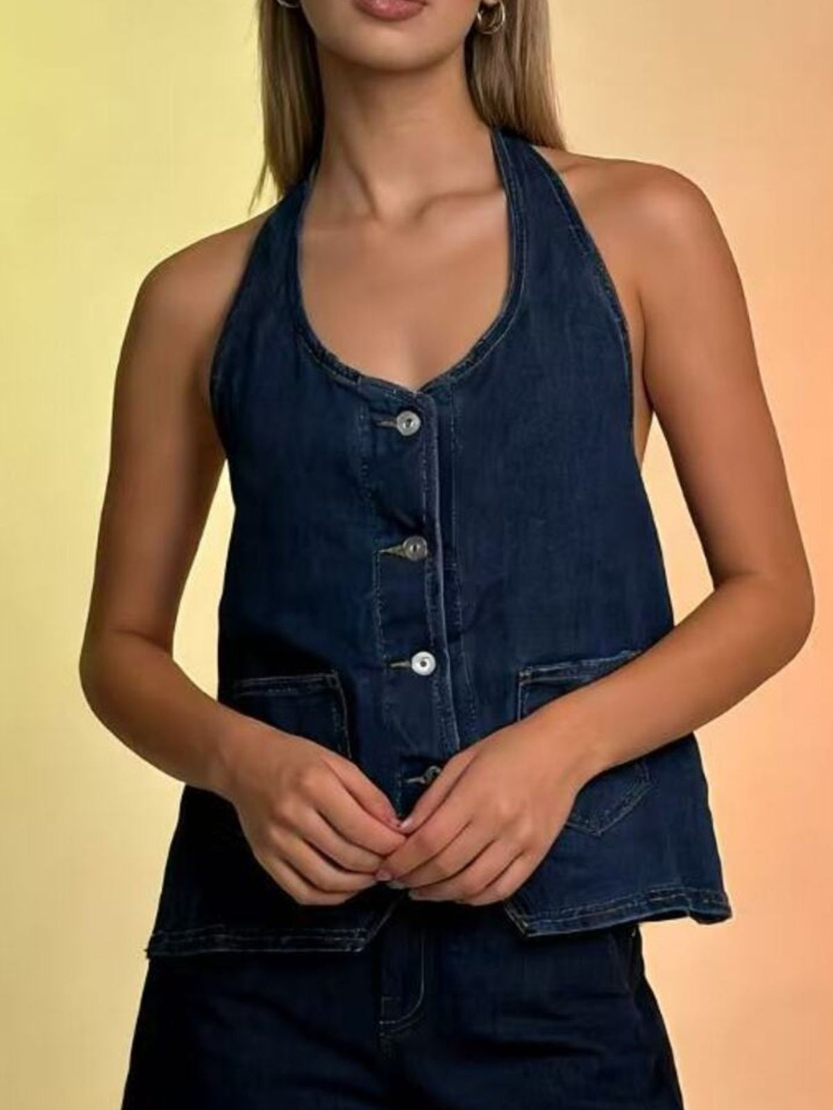 Halter neck denim vest with button front and adjustable tie closure, dark indigo, Trendsi.