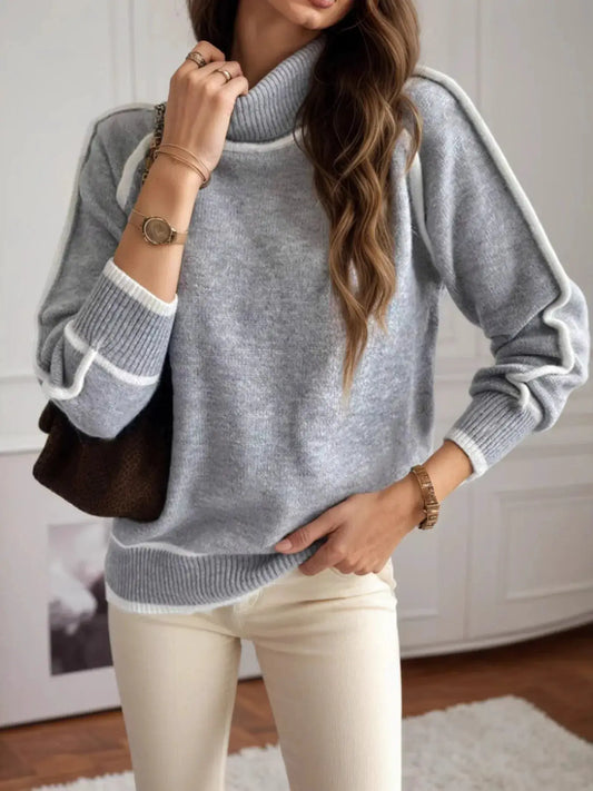 Turtleneck sweater in light grey with white contrast trim and soft ribbed knit