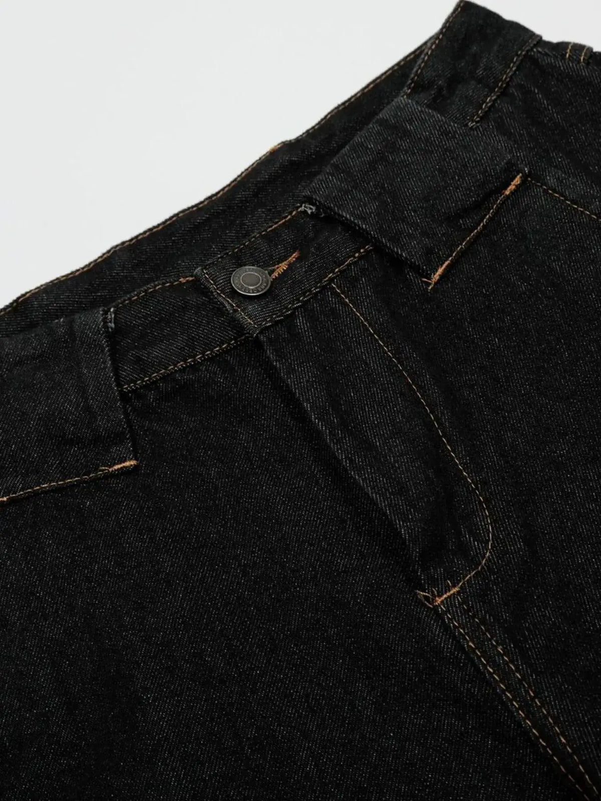 Men's wide-leg denim shorts in dark indigo with contrast stitching and metal rivet.
