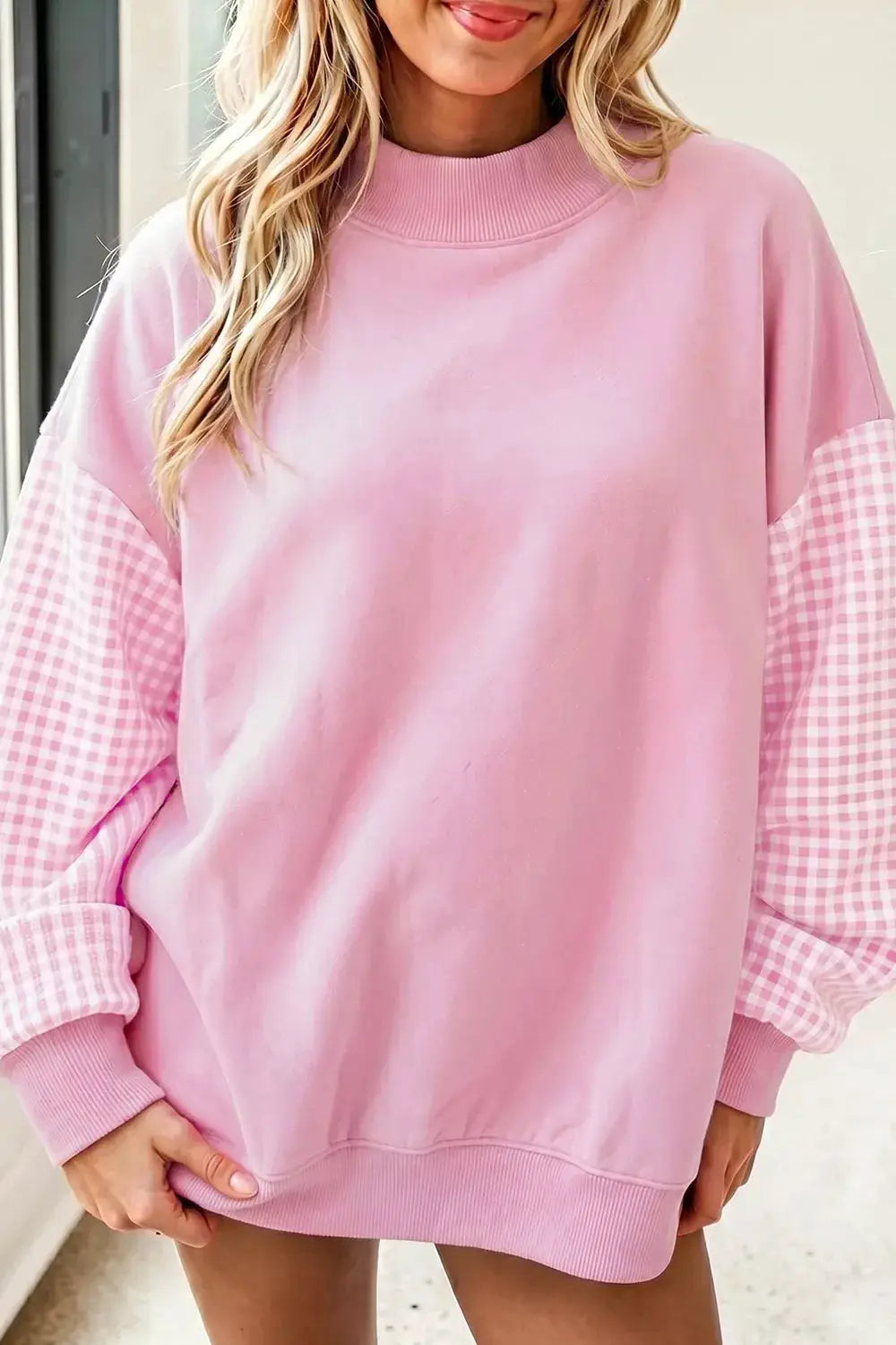 Plaid Sleeve Colorblock Loose Tunic Sweatshirt by Trendsi, pink body with gingham sleeves